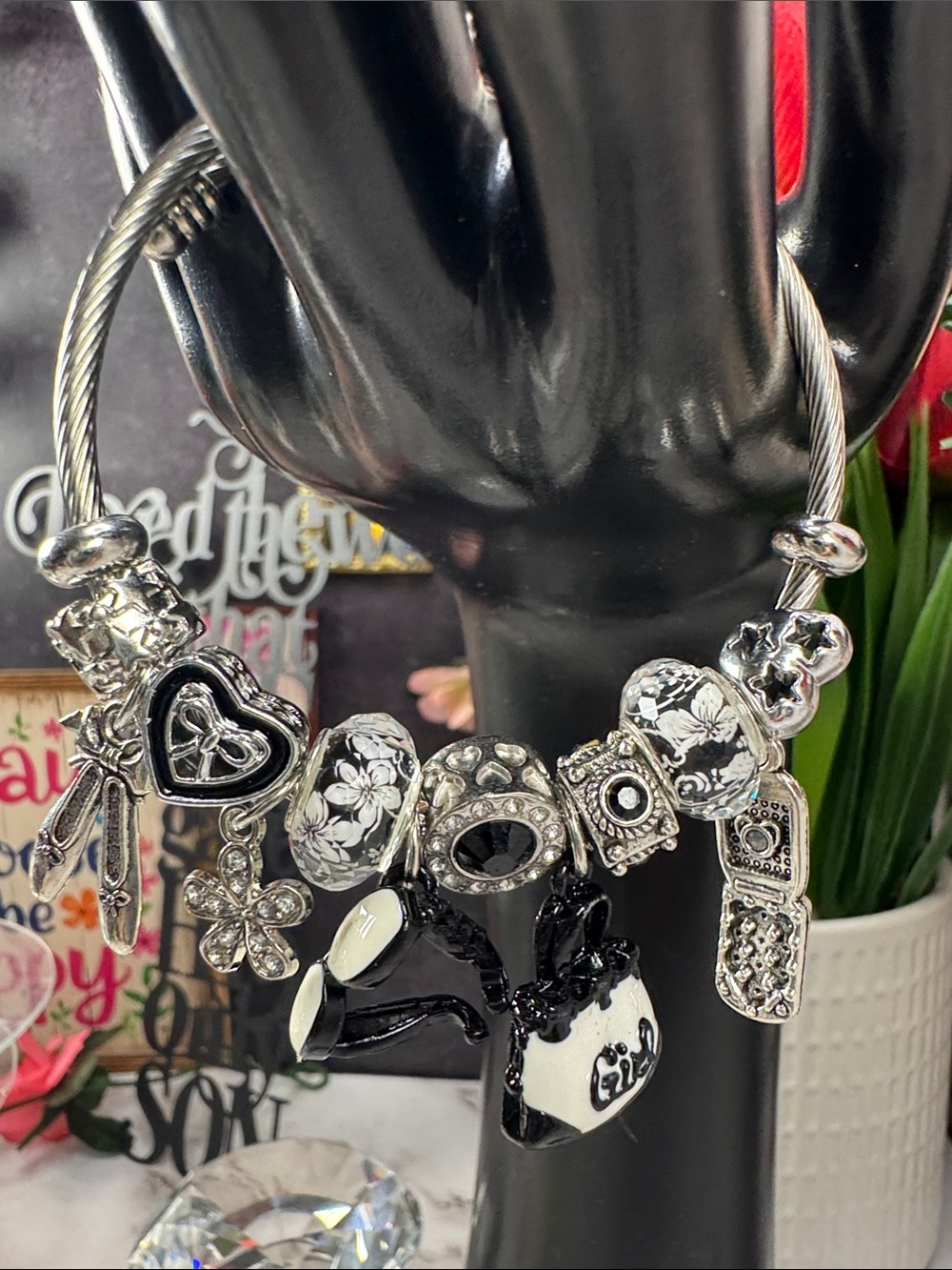 Silver and Black Charm Bracelet Necklace - Women's Jewelry